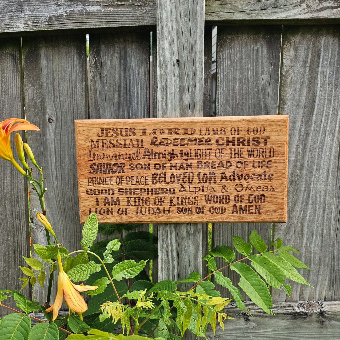 14 inch wood Slice of Scripture reclaimed pallet wood Bible verse wall art displaying the many names of the Lord - Christian decorative art home decor