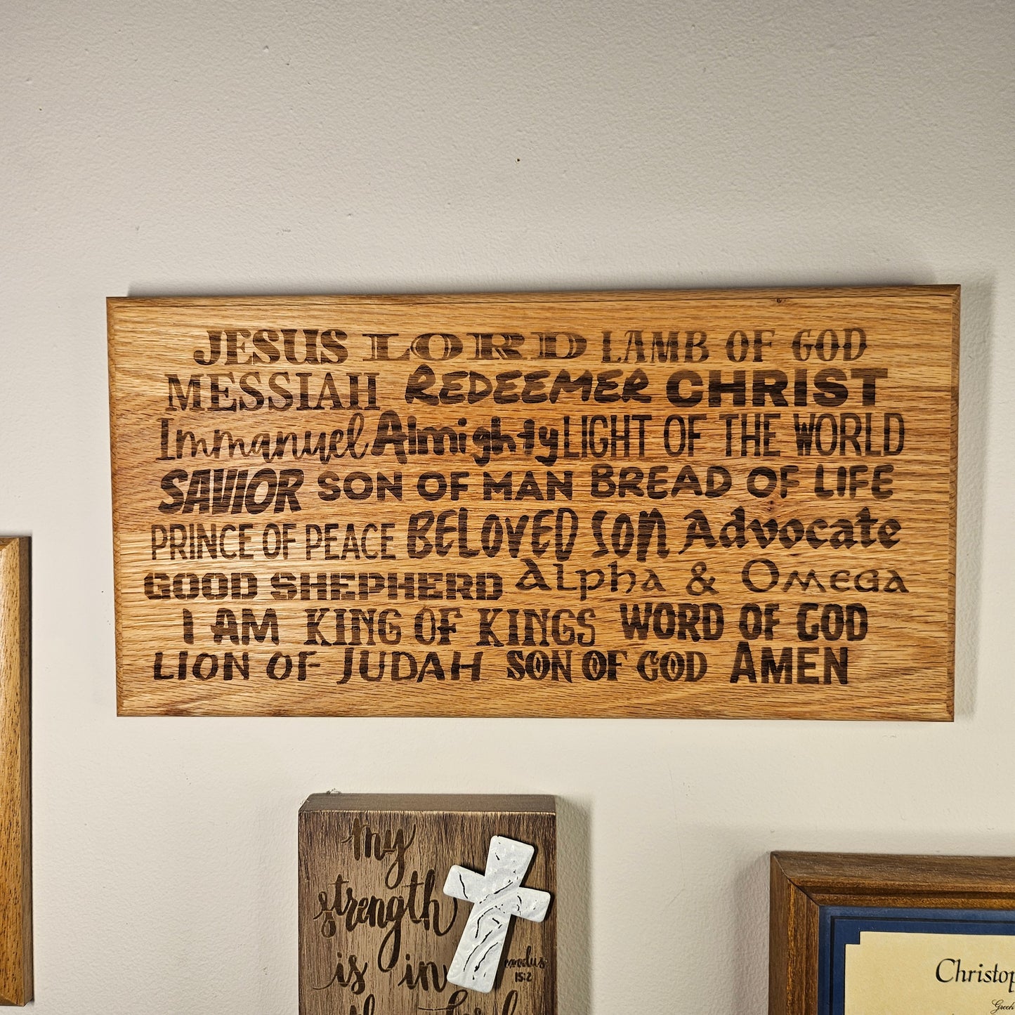 14 inch wood Slice of Scripture reclaimed pallet wood Bible verse wall art displaying the many names of the Lord - Christian decorative art home decor