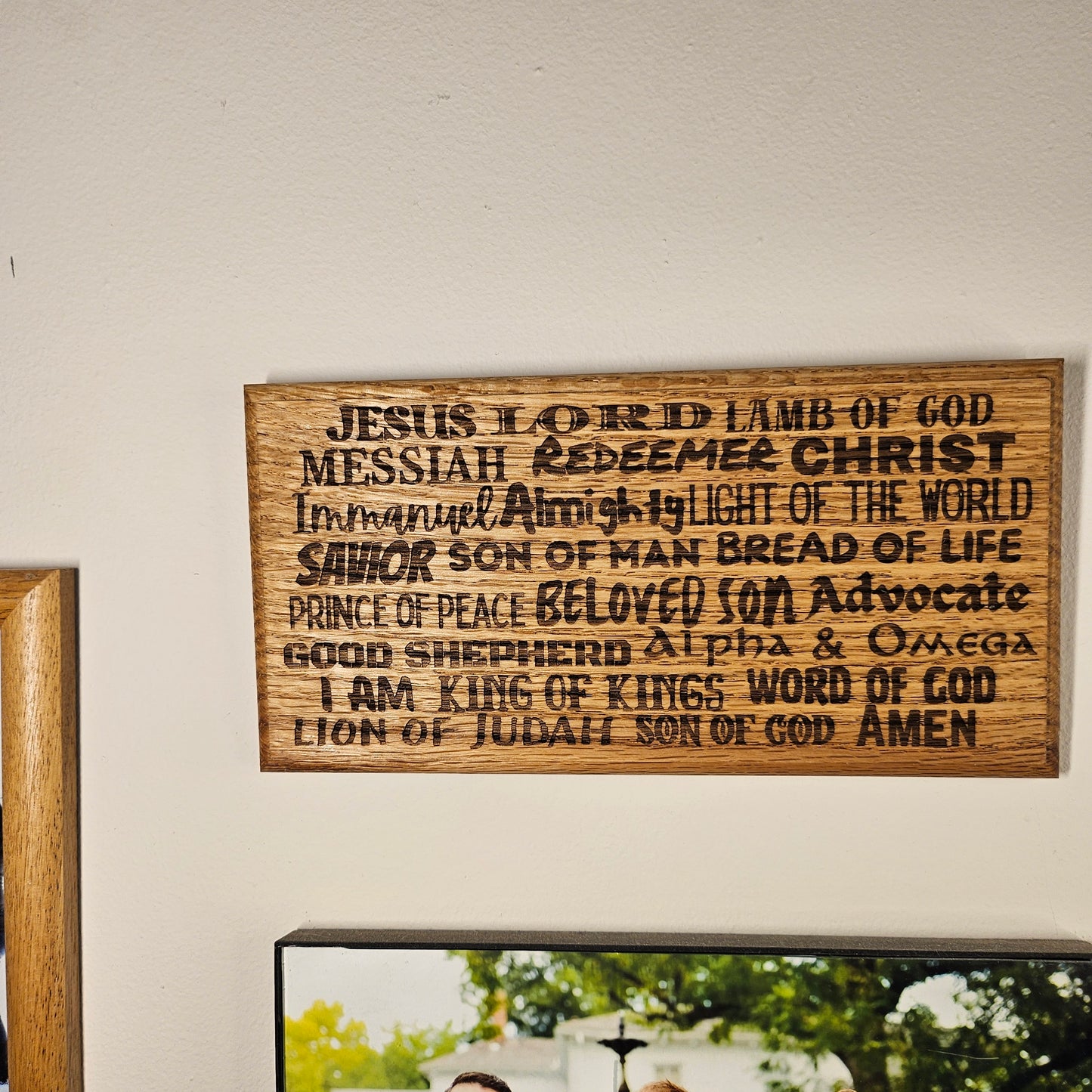 14 inch wood Slice of Scripture reclaimed pallet wood Bible verse wall art displaying the many names of the Lord - Christian decorative art home decor