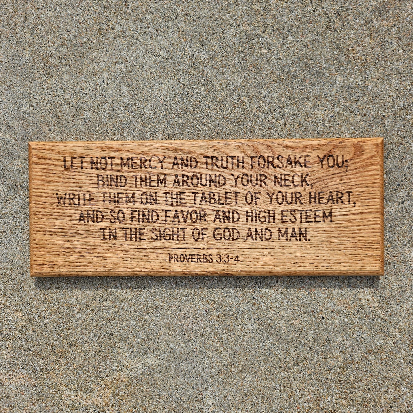 14 inch wood Slice of Scripture reclaimed pallet wood Bible verse wall art displaying Proverbs 3:3-4 - Christian decorative art home decor