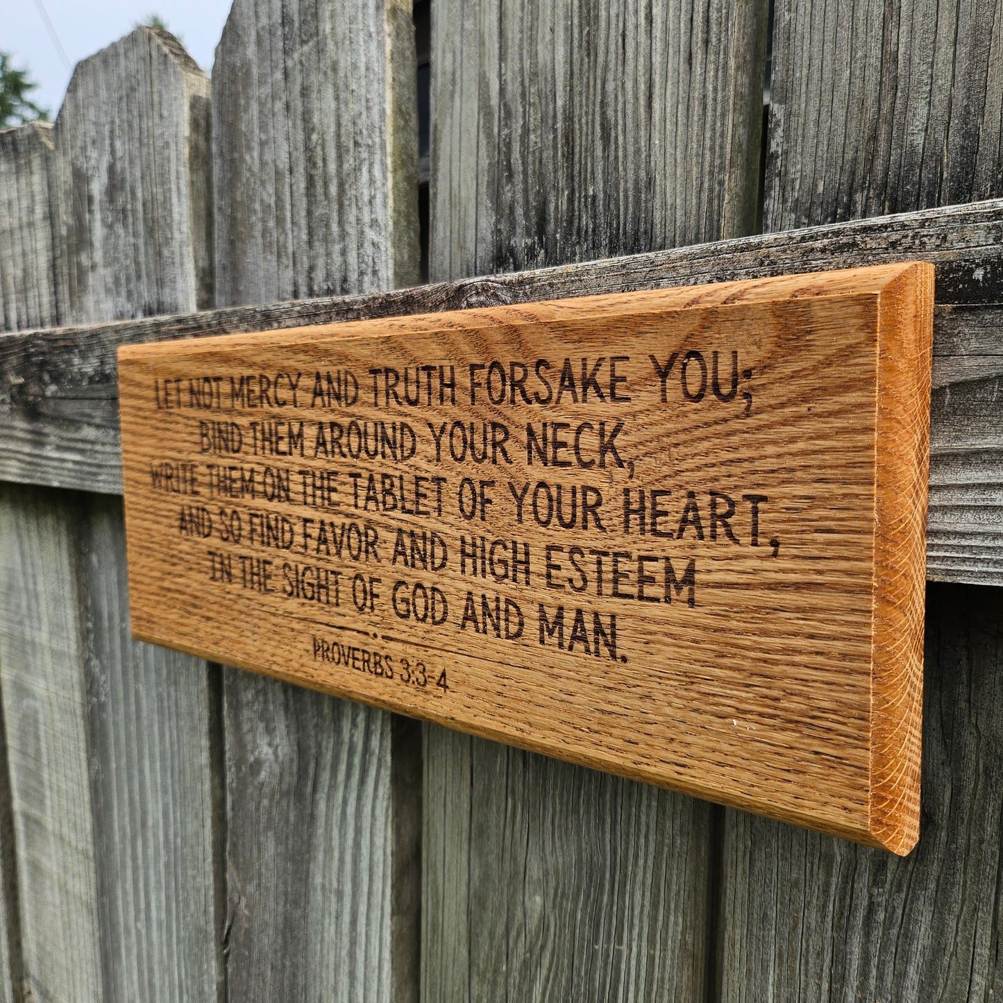 14 inch wood Slice of Scripture reclaimed pallet wood Bible verse wall art displaying Proverbs 3:3-4 - Christian decorative art home decor