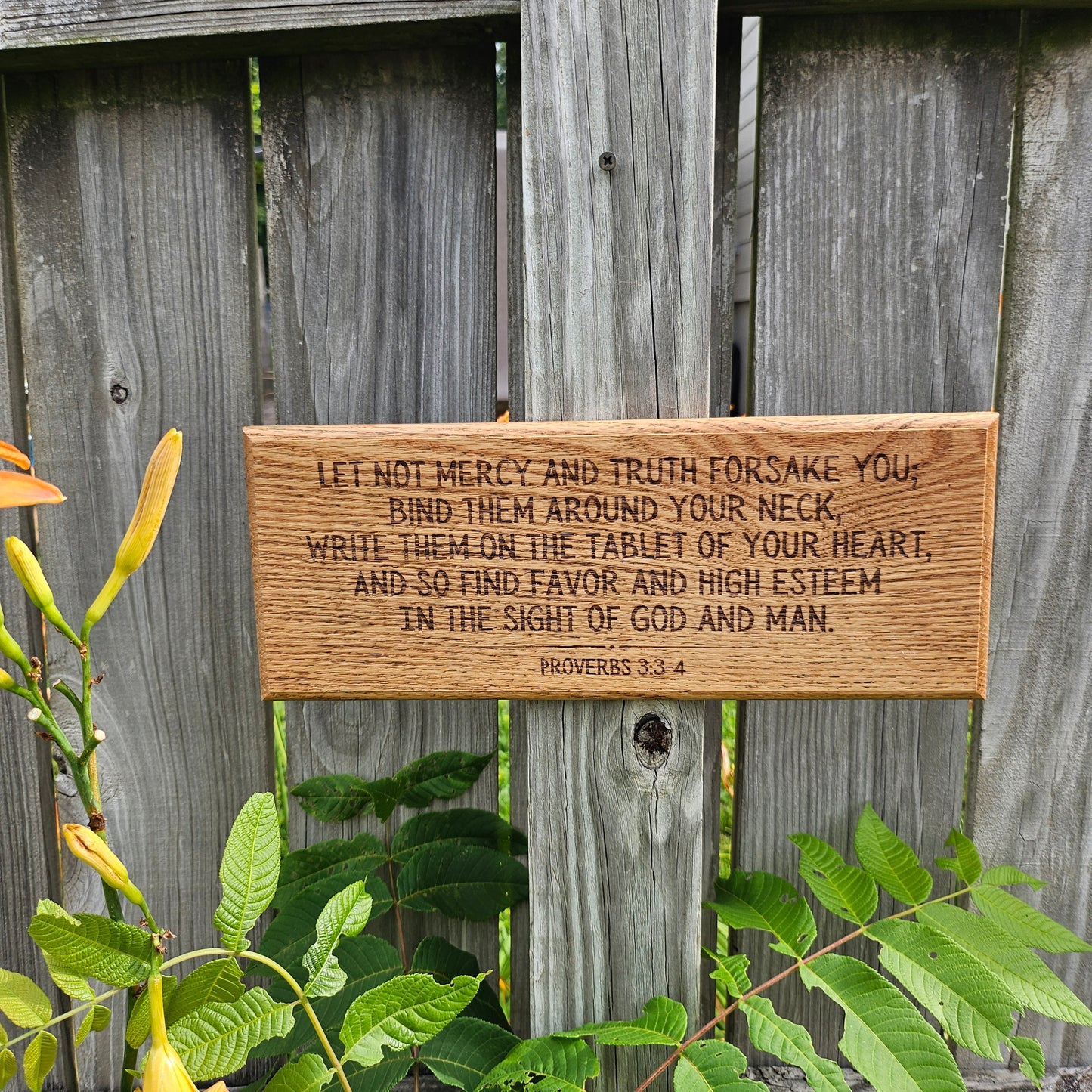 14 inch wood Slice of Scripture reclaimed pallet wood Bible verse wall art displaying Proverbs 3:3-4 - Christian decorative art home decor