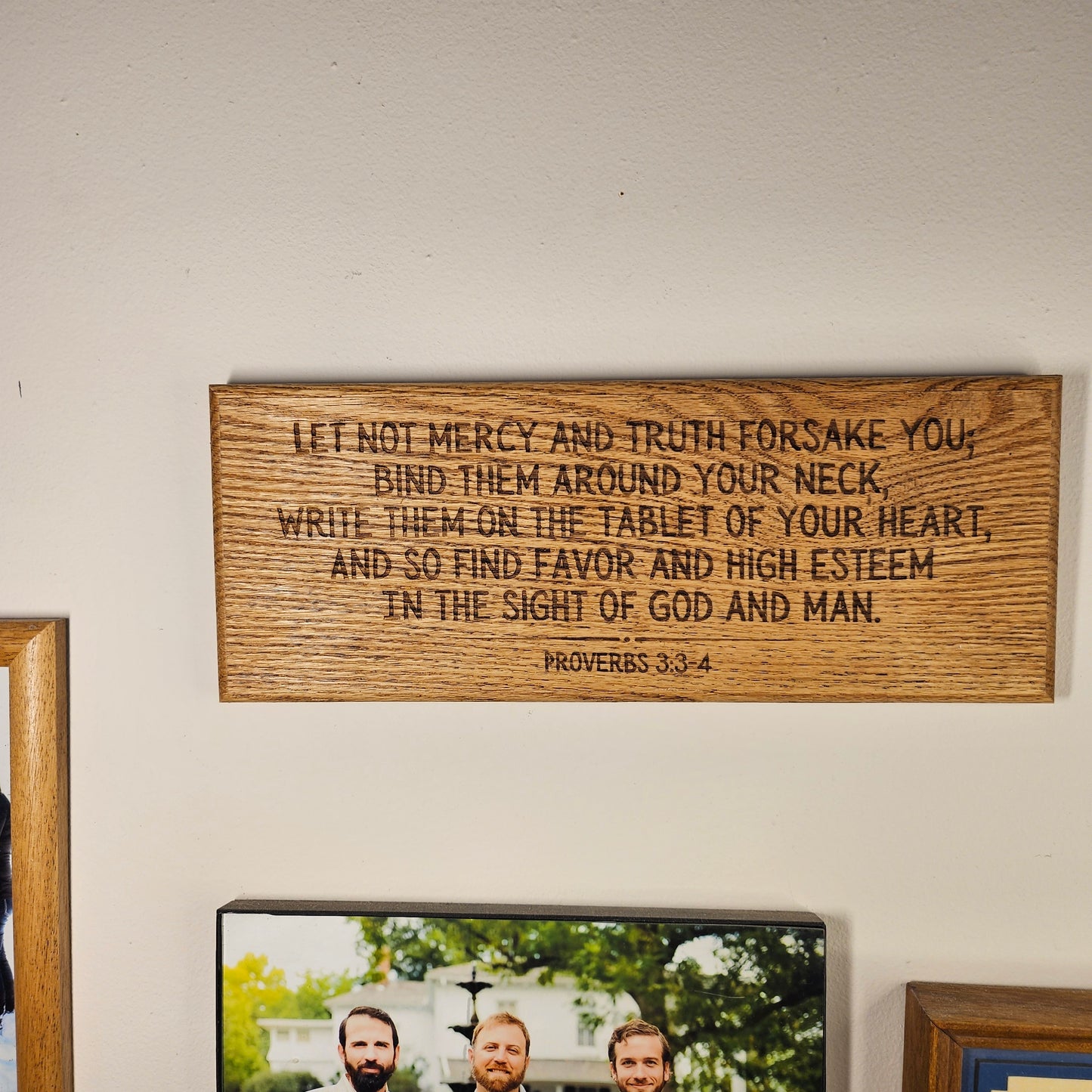 14 inch wood Slice of Scripture reclaimed pallet wood Bible verse wall art displaying Proverbs 3:3-4 - Christian decorative art home decor