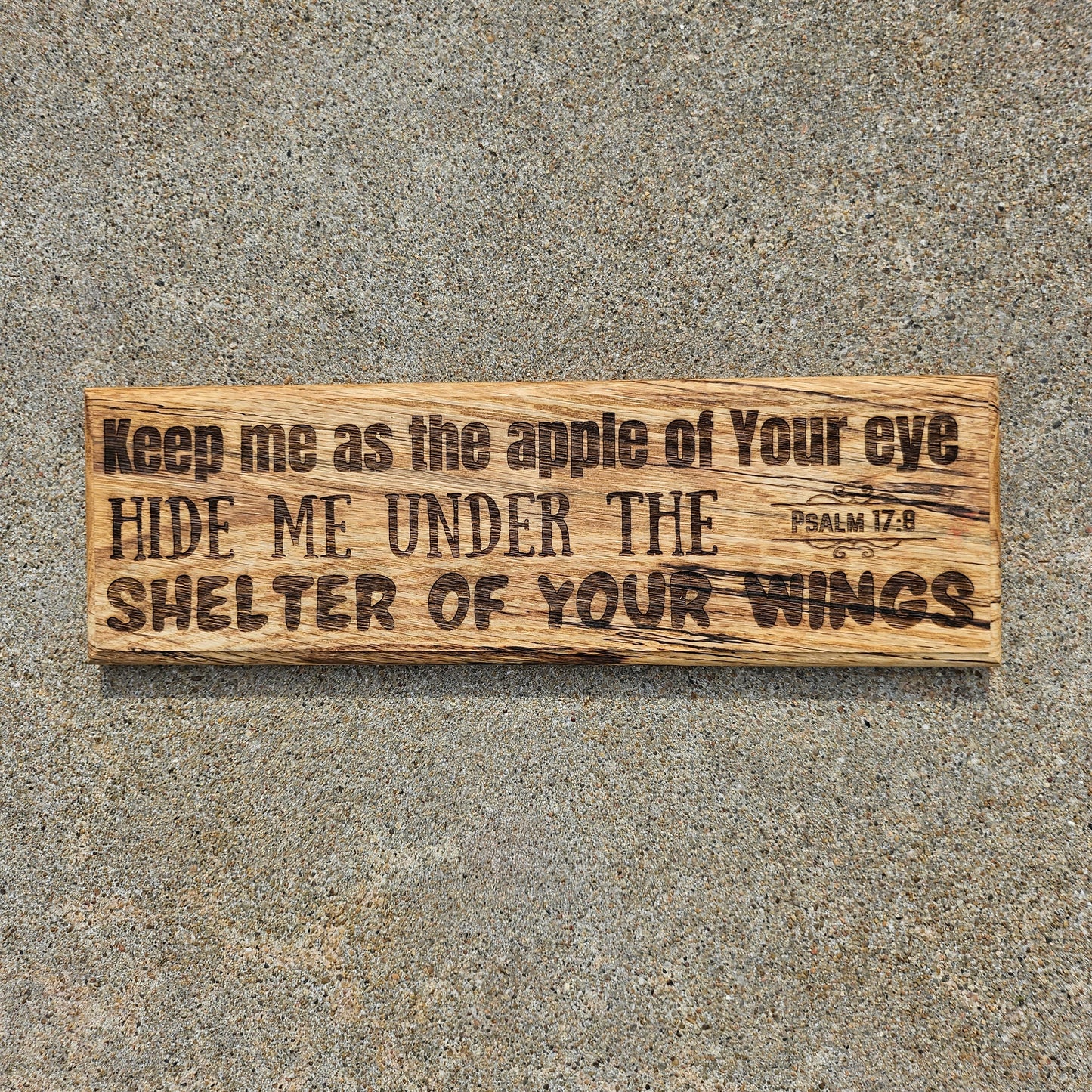 14 inch wood Slice of Scripture reclaimed pallet wood Bible verse wall art displaying Psalm 17:8- Christian decorative art home decor