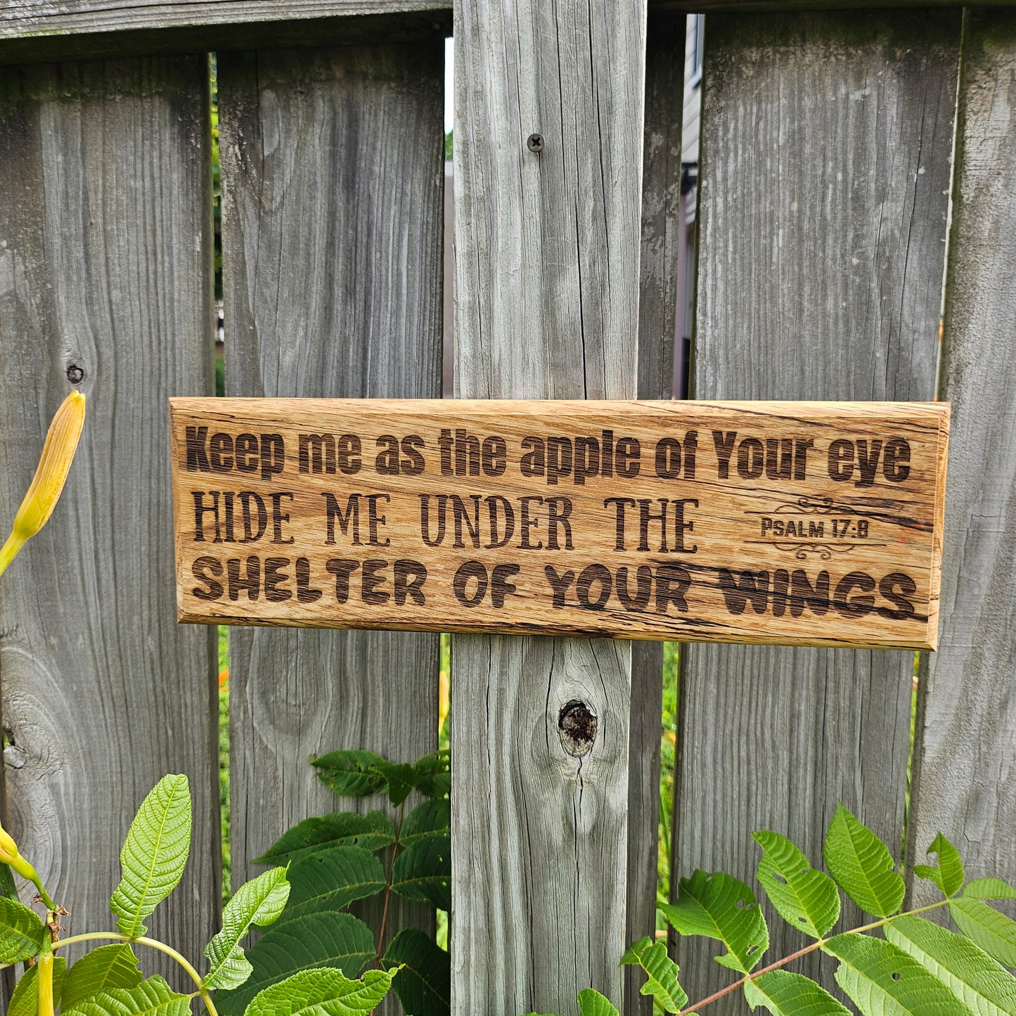 14 inch wood Slice of Scripture reclaimed pallet wood Bible verse wall art displaying Psalm 17:8 - Christian decorative art home decor