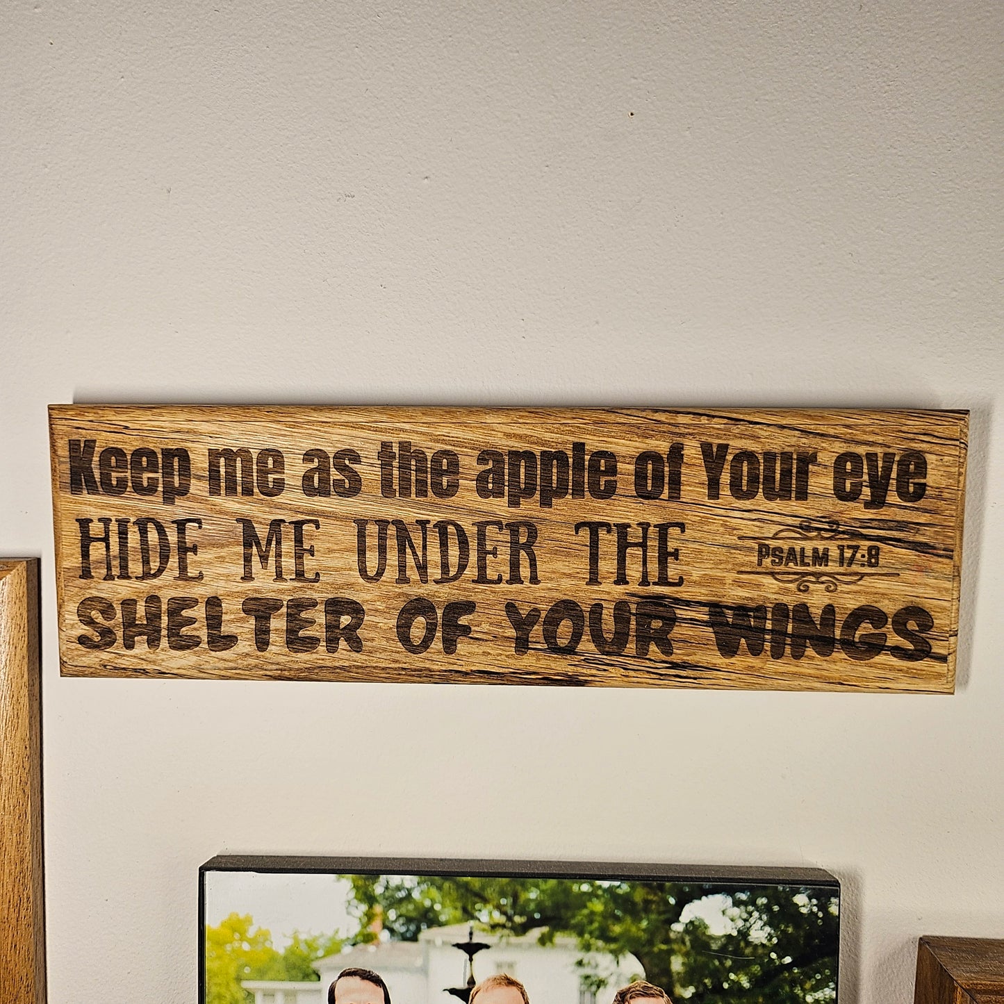 14 inch wood Slice of Scripture reclaimed pallet wood Bible verse wall art displaying Psalm 17:8 - Christian decorative art home decor