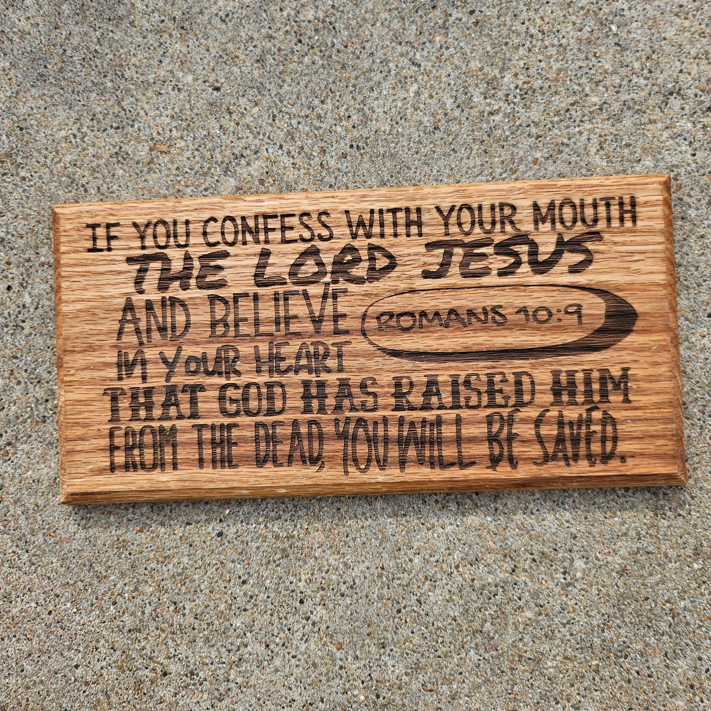 14 inch wood Slice of Scripture reclaimed pallet wood Bible verse wall art displaying Romans 10:9 - Christian decorative art home decor