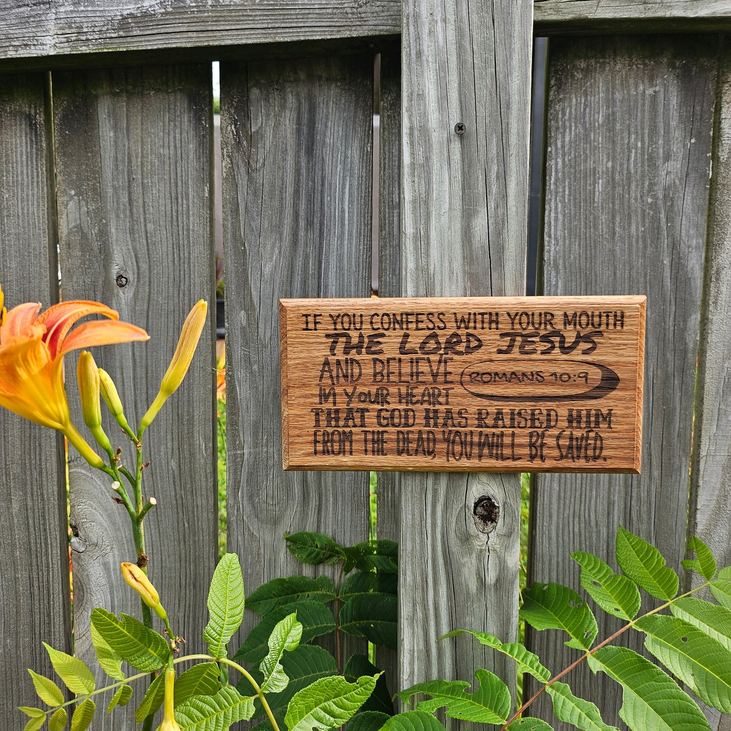 12 inch wood Slice of Scripture reclaimed pallet wood Bible verse wall art displaying Romans 10:9 - Christian decorative art home decor