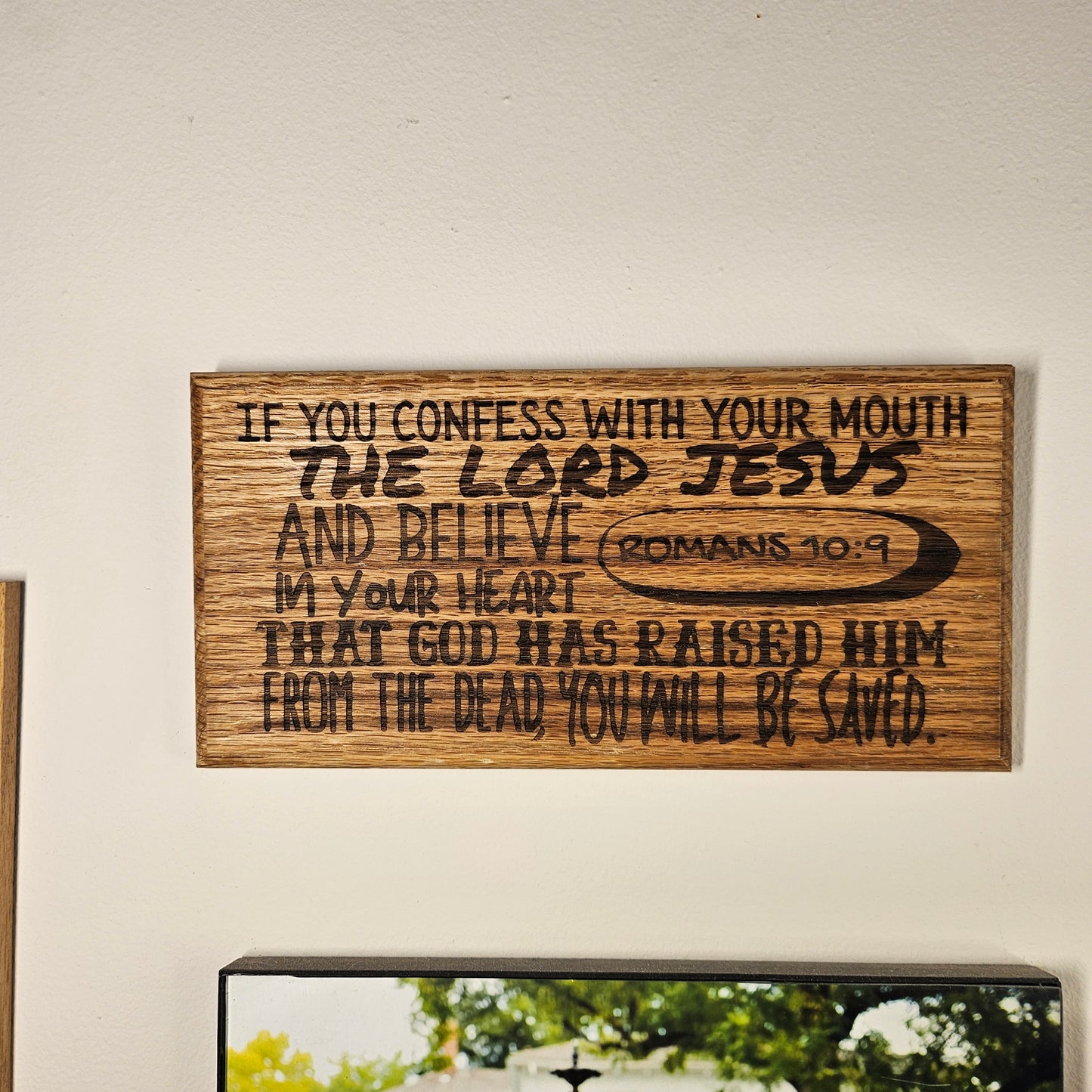 12 inch wood Slice of Scripture reclaimed pallet wood Bible verse wall art displaying Romans 10:9 - Christian decorative art home decor