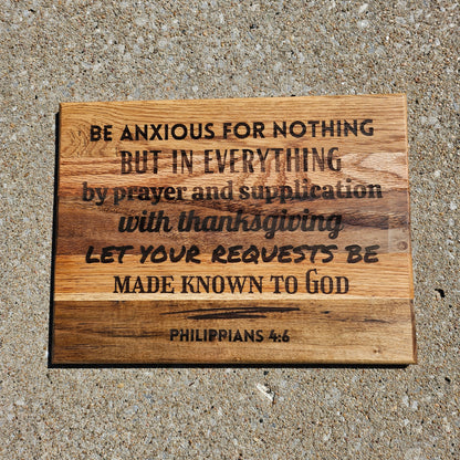 14 inch wood Slice of Scripture reclaimed pallet wood Bible verse wall art displaying Philippians 4:6 - Christian decorative art home decor