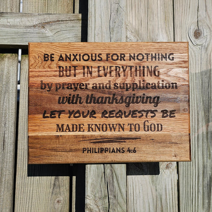 14 inch wood Slice of Scripture reclaimed pallet wood Bible verse wall art displaying Philippians 4:6 - Christian decorative art home decor