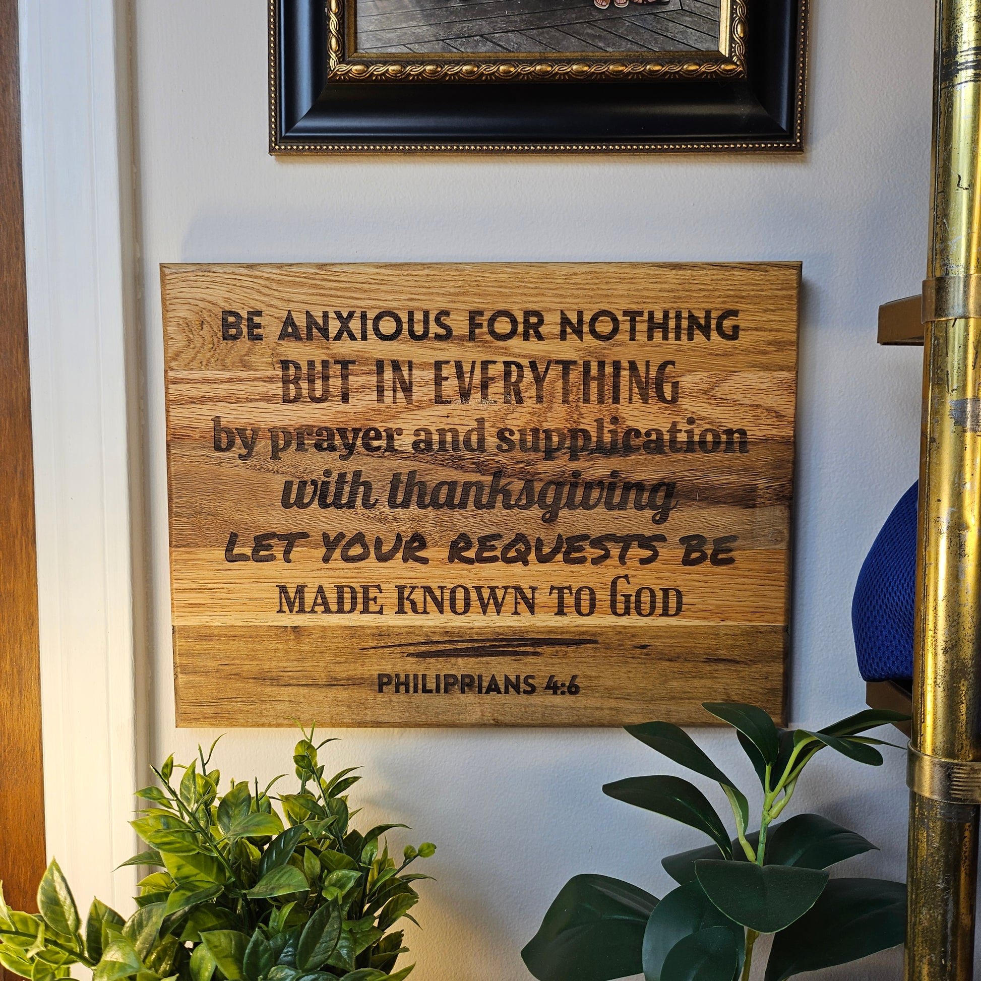 14 inch wood Slice of Scripture reclaimed pallet wood Bible verse wall art displaying Philippians 4:6 - Christian decorative art home decor