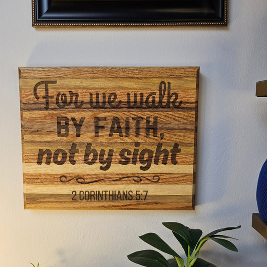 14 inch wood Slice of Scripture reclaimed pallet wood Bible verse wall art displaying 2 Corinthians 5:7 - Christian decorative art home decor