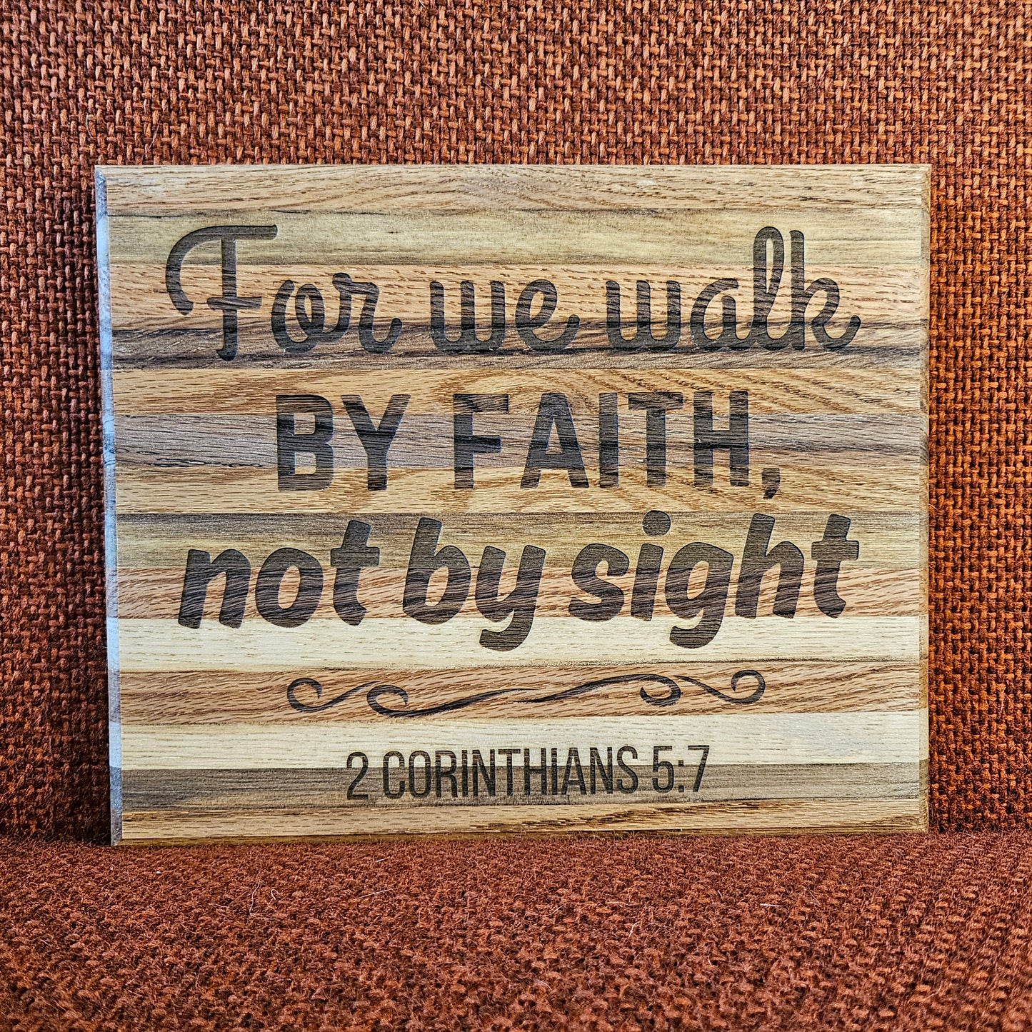 14 inch wood Slice of Scripture reclaimed pallet wood Bible verse wall art displaying 2 Corinthians 5:7 - Christian decorative art home decor