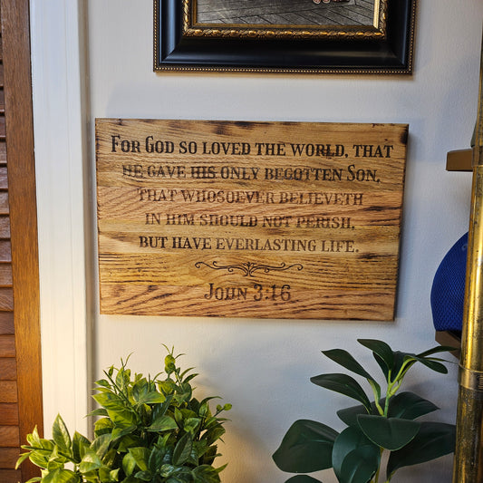 14 inch wood Slice of Scripture reclaimed pallet wood Bible verse wall art displaying John 3:16 - Christian decorative art home decor