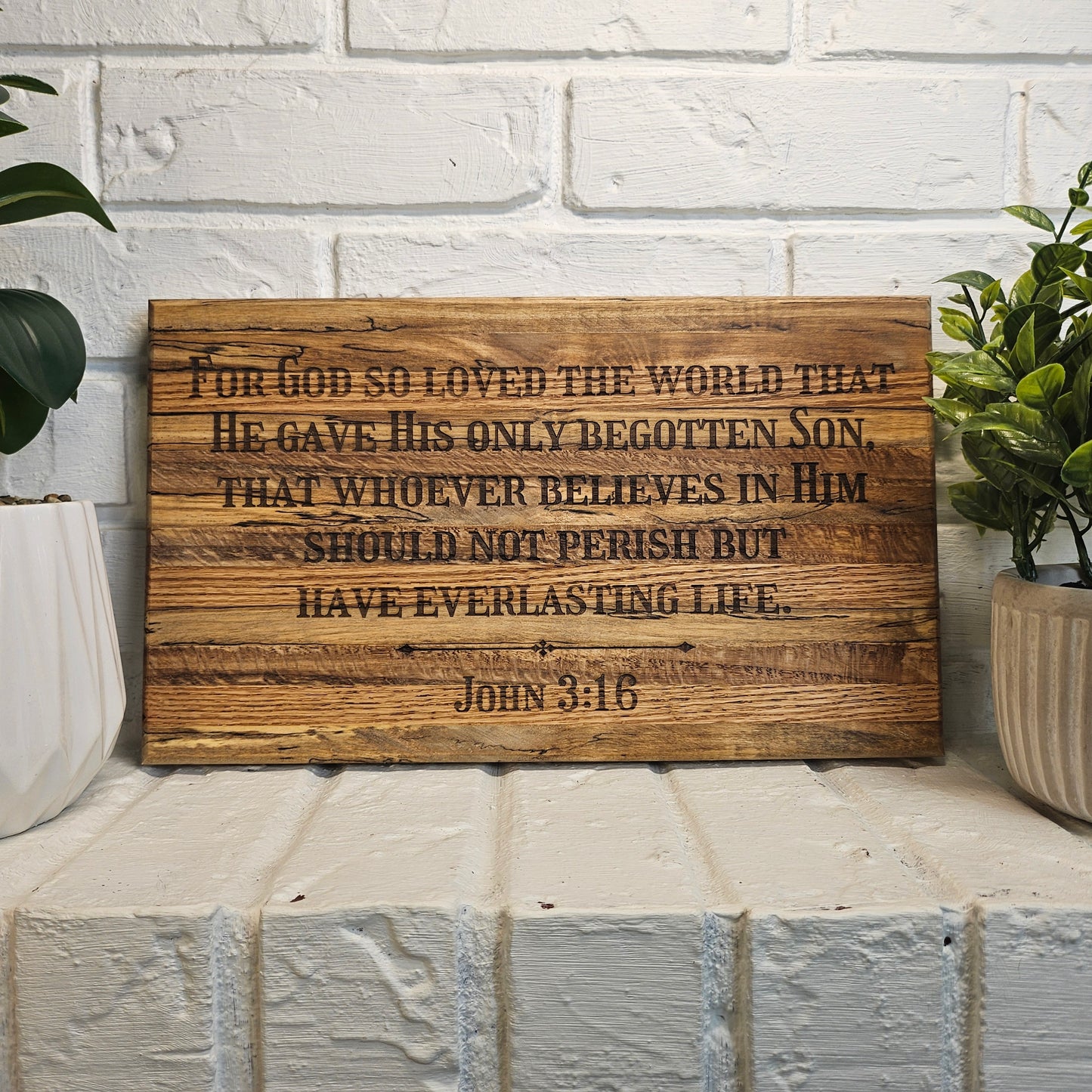 14 inch wood Slice of Scripture reclaimed pallet wood Bible verse wall art displaying John 3:16 - Christian decorative art home decor