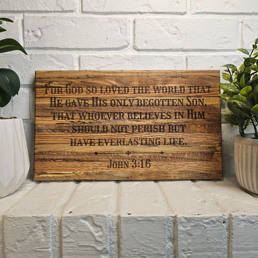 14 inch wood Slice of Scripture reclaimed pallet wood Bible verse wall art displaying John 3:16 - Christian decorative art home decor