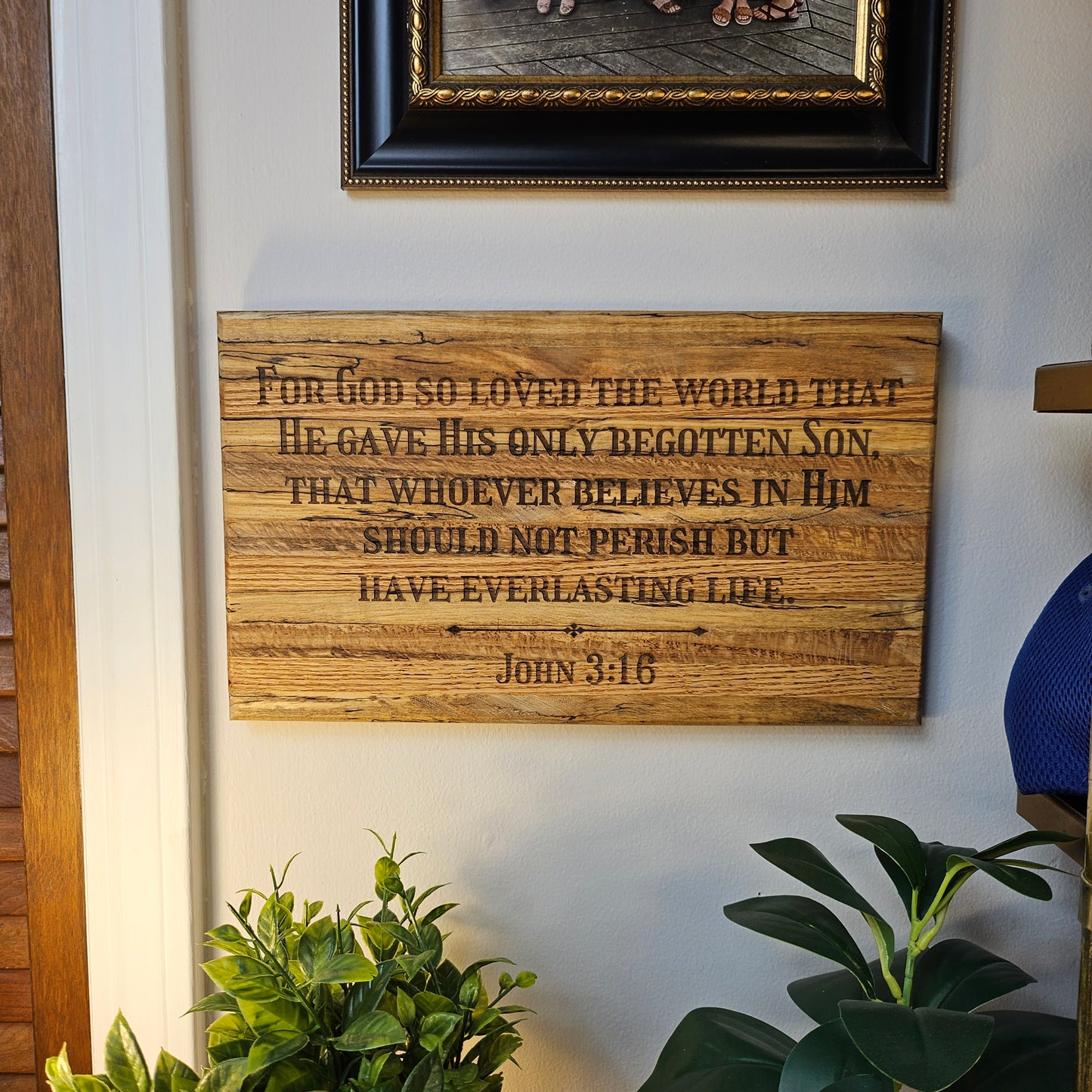 14 inch wood Slice of Scripture reclaimed pallet wood Bible verse wall art displaying John 3:16 - Christian decorative art home decor