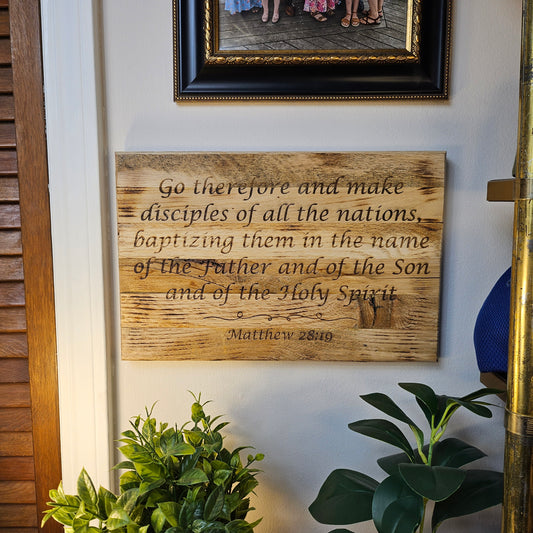 14 inch wood Slice of Scripture reclaimed pallet wood Bible verse wall art displaying Matthew 28:19 - Christian decorative art home decor