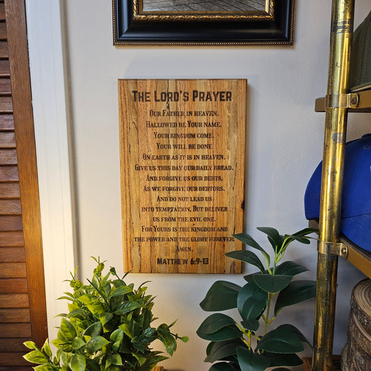 14 inch wood Slice of Scripture reclaimed pallet wood Bible verse wall art displaying Matthew 6:9-13 - Christian decorative art home decor