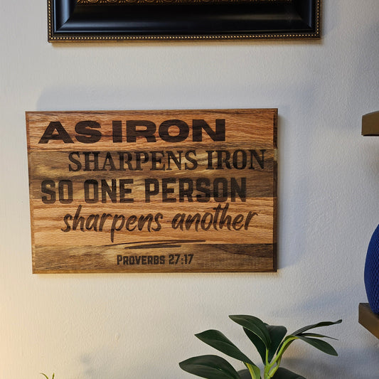 12 inch wood Slice of Scripture reclaimed pallet wood Bible verse wall art displaying Proverbs 27:17 - Christian decorative art home decor