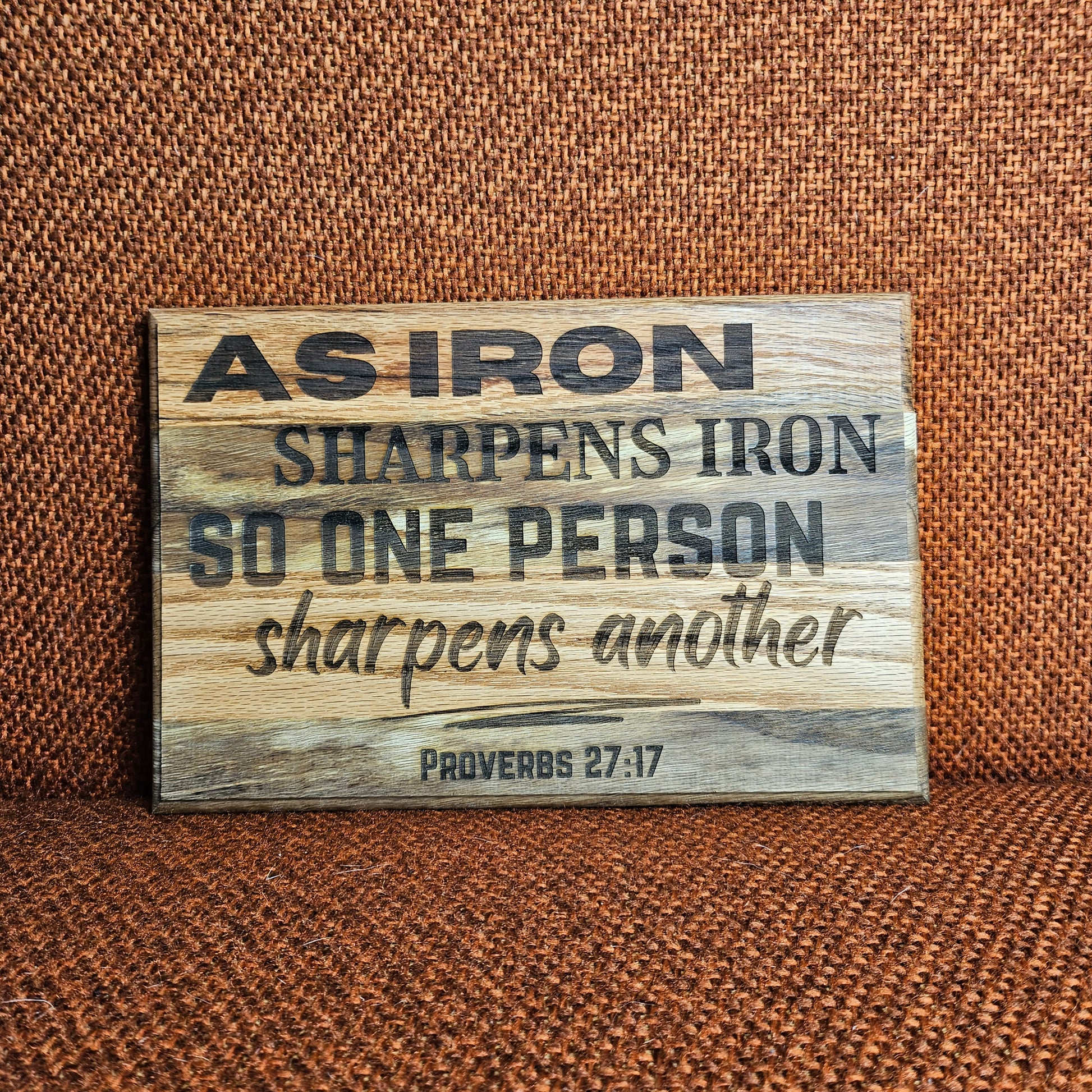 12 inch wood Slice of Scripture reclaimed pallet wood Bible verse wall art displaying Proverbs 27:17 - Christian decorative art home decor