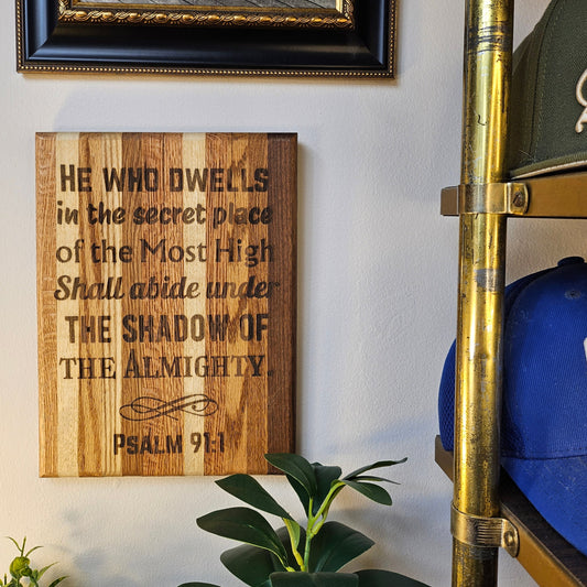 14 inch wood Slice of Scripture reclaimed pallet wood Bible verse wall art displaying Psalm 91:1 - Christian decorative art home decor