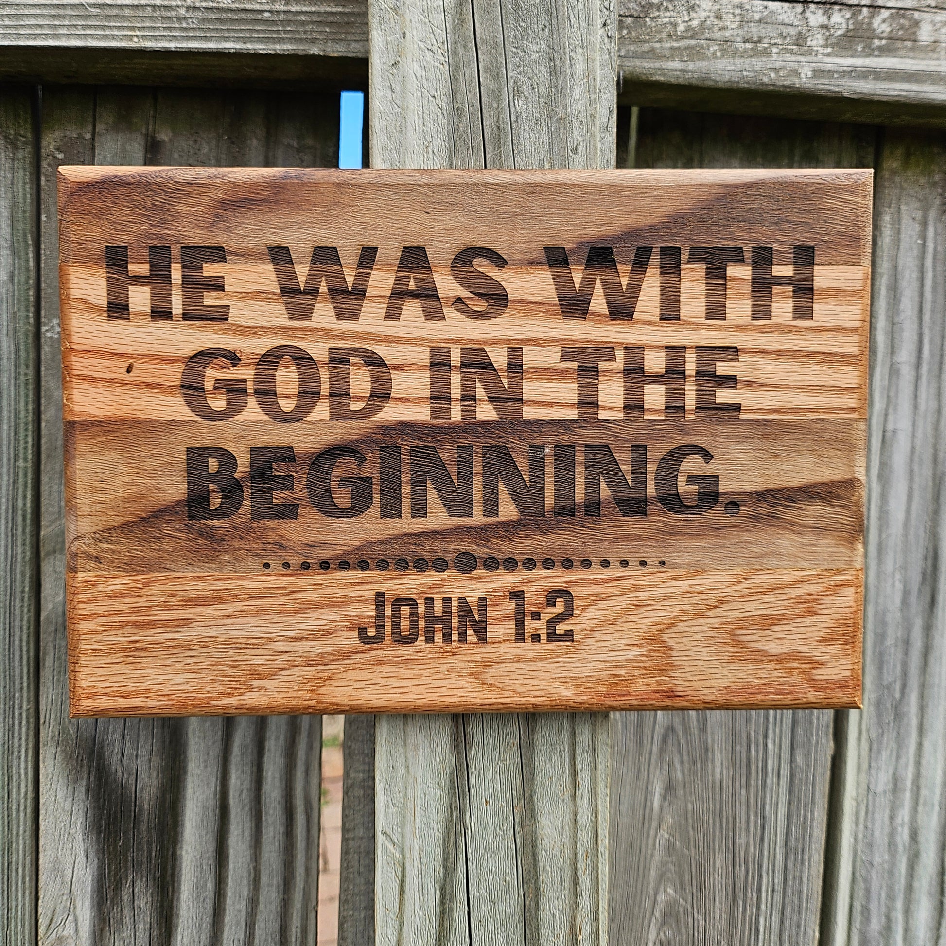 Rustic wooden sign made from reclaimed pallet hardwood, engraved with John 1:2 - Christian gift ideas, Bible wall art, scripture art, woodworking