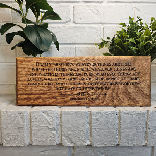 14 inch wood Slice of Scripture reclaimed pallet wood Bible verse wall art displaying Philippians 4:8-9 - Christian decorative art home decor