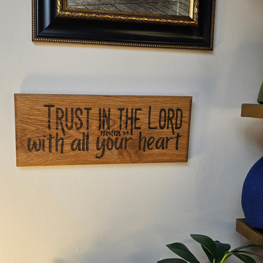 Wood Slice of Scripture reclaimed pallet wood Bible verse wall art displaying Proverbs 3:5 - Christian decorative art home decor