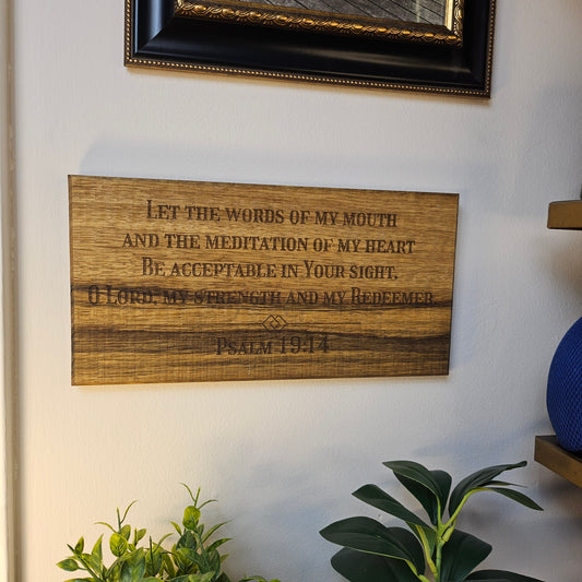 12 inch wood Slice of Scripture reclaimed pallet wood Bible verse wall art displaying Psalm 19:14 - Christian decorative art home decor