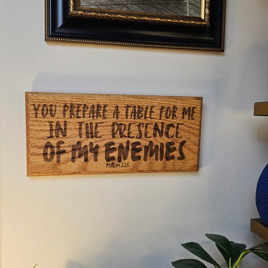 12 inch wood Slice of Scripture reclaimed pallet wood Bible verse wall art displaying Psalm 23:5 - Christian decorative art home decor