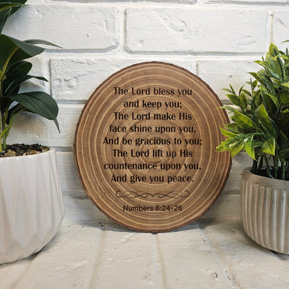 9 inch wood Slice of Scripture piece of Bible verse wall art displaying Numbers 6:24-26 - Christian decorative art home decor