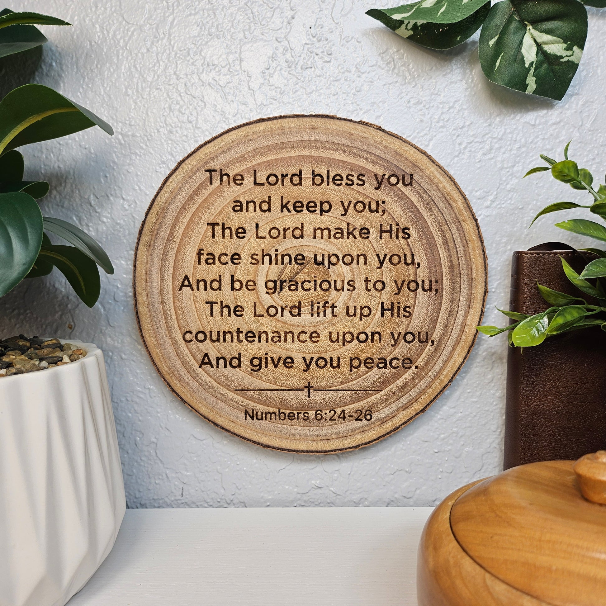 9 inch wood Slice of Scripture piece of Bible verse wall art displaying Numbers 6:24-26 - Christian decorative art home decor