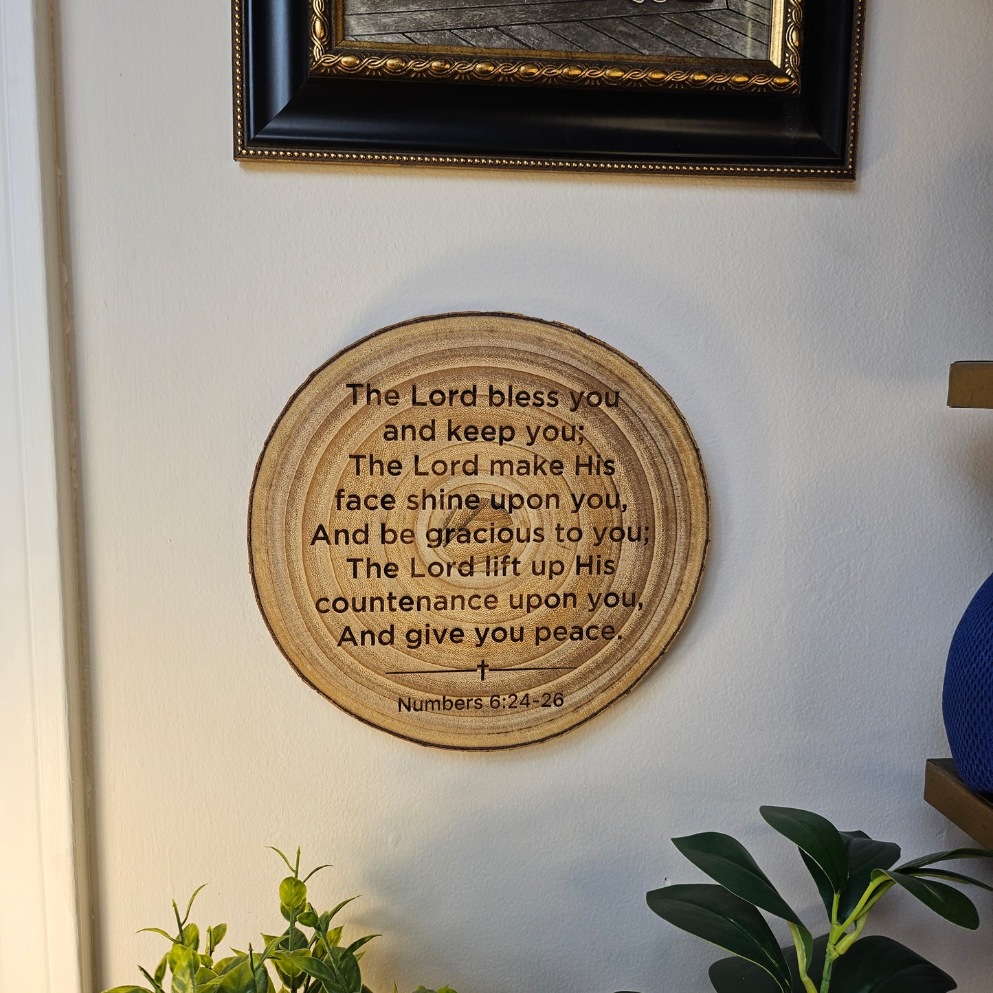 9 inch wood Slice of Scripture piece of Bible verse wall art displaying Numbers 6:24-26 - Christian decorative art home decor