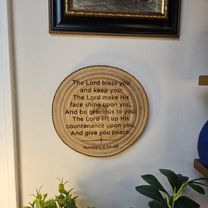 9 inch wood Slice of Scripture piece of Bible verse wall art displaying Numbers 6:24-26 - Christian decorative art home decor