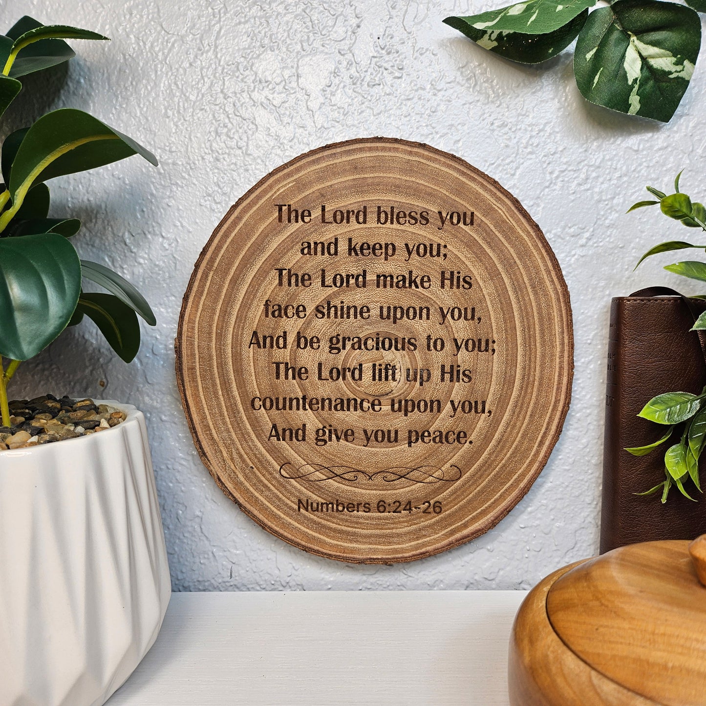 9 inch wood Slice of Scripture piece of Bible verse wall art displaying Numbers 6:24-26 - Christian decorative art home decor