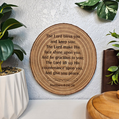 9 inch wood Slice of Scripture piece of Bible verse wall art displaying Numbers 6:24-26 - Christian decorative art home decor