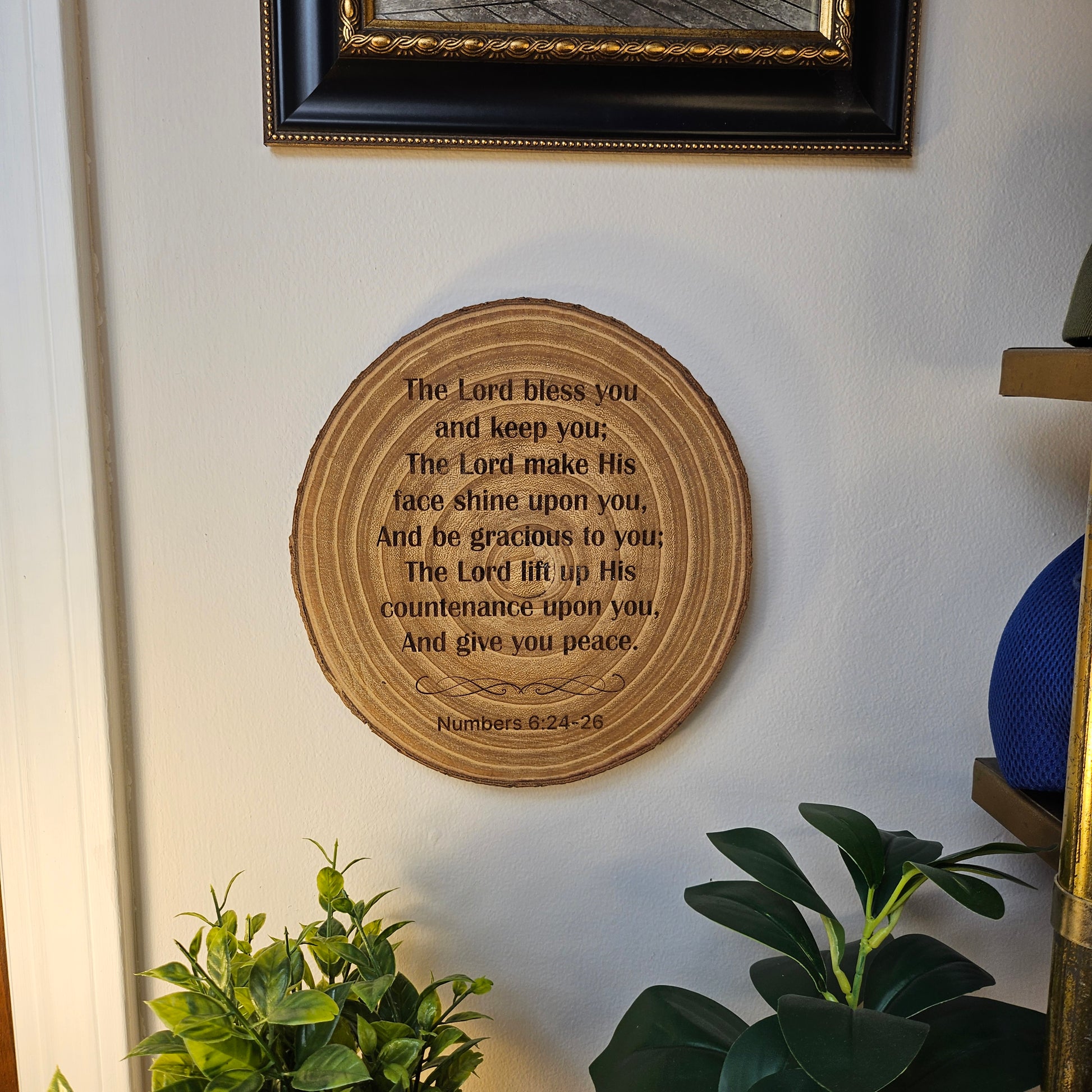 9 inch wood Slice of Scripture piece of Bible verse wall art displaying Numbers 6:24-26 - Christian decorative art home decor