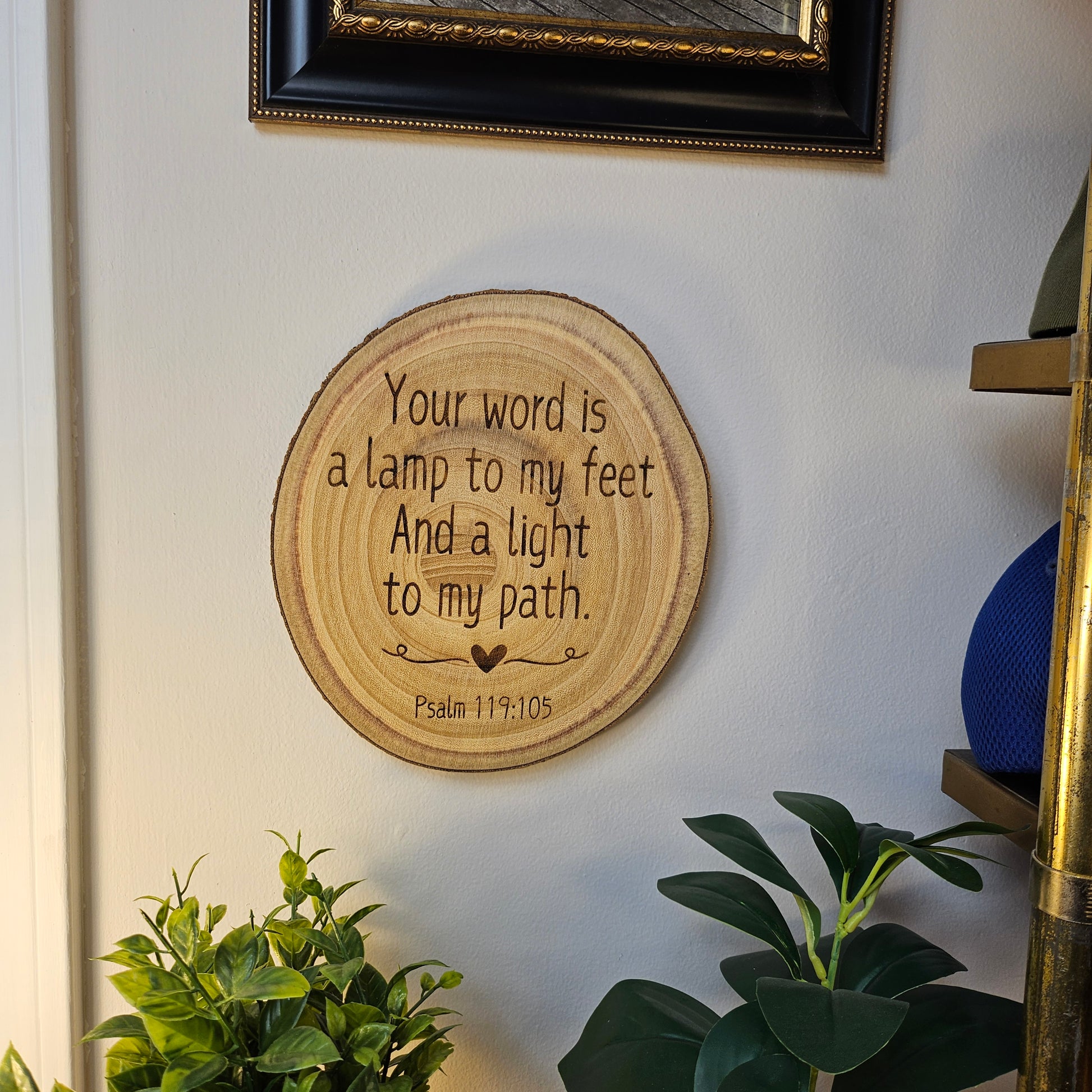 9 inch wood Slice of Scripture piece of Bible verse wall art displaying Psalm 119:105 - Christian decorative art home decor