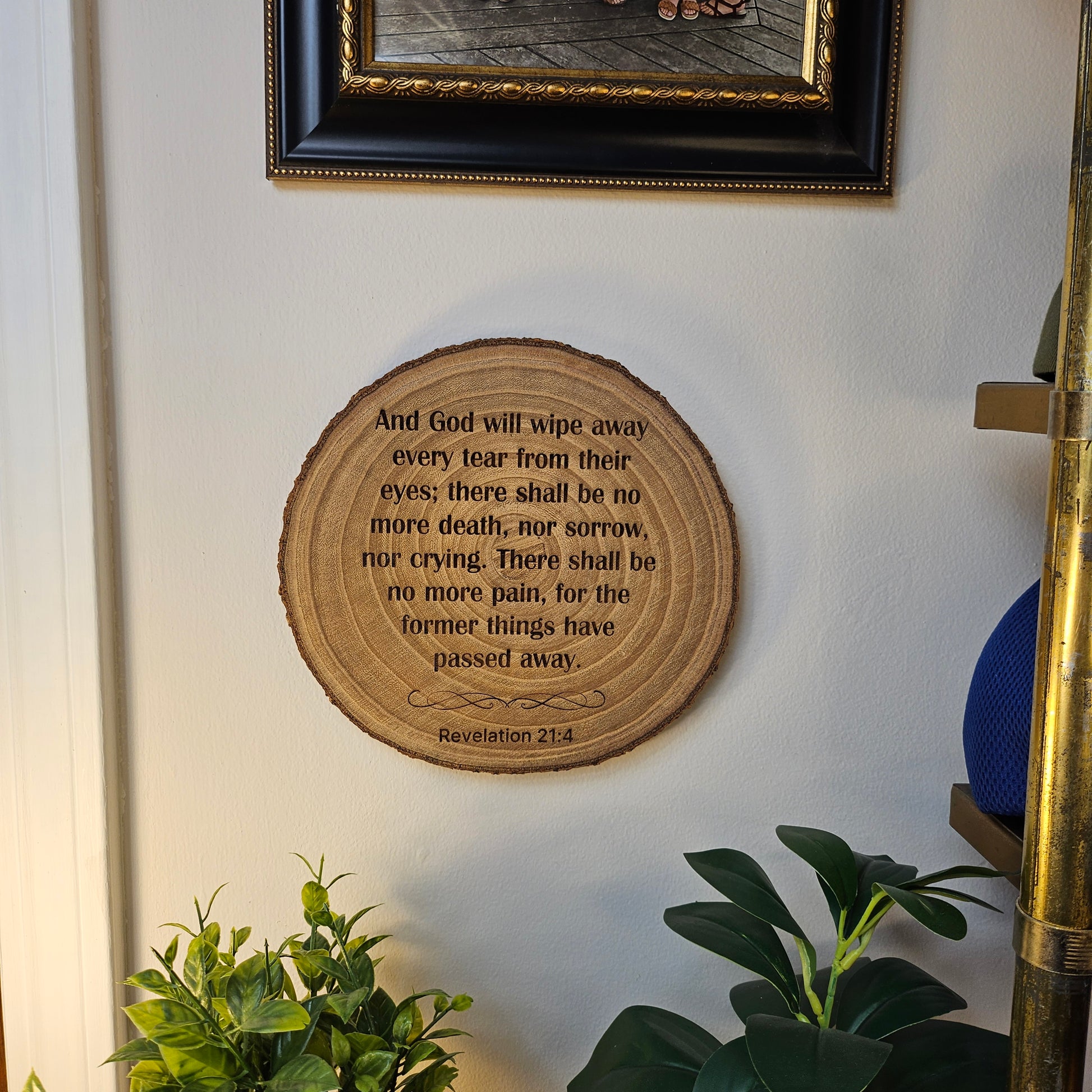 9 inch wood Slice of Scripture piece of Bible verse wall art displaying Revelation 21:4 - Christian decorative art