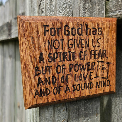 Mini oak plaque from reclaimed pallet hardwood displaying Bible verse 2 Timothy 1: - Christian gift ideas, scripture wall art