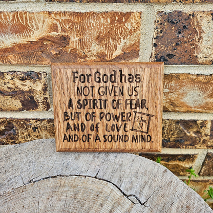 Mini oak plaque from reclaimed pallet hardwood displaying Bible verse 2 Timothy 1:7 - Christian gift ideas, scripture wall art