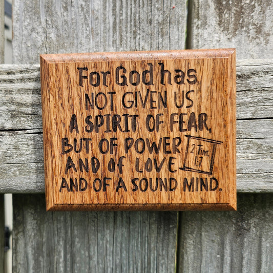 Mini oak plaque from reclaimed pallet hardwood displaying Bible verse 2 Timothy 1:7 - Christian gift ideas, scripture wall art