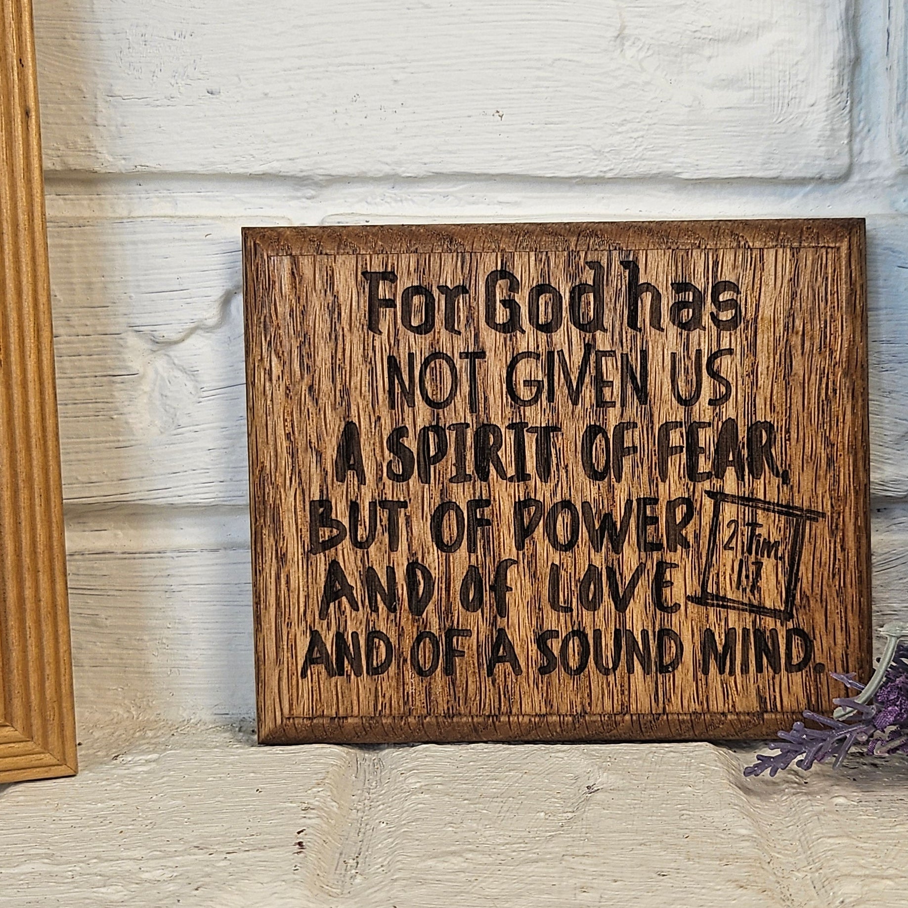 Mini oak plaque from reclaimed pallet hardwood displaying Bible verse 2 Timothy 1:7 - Christian gift ideas, scripture wall art