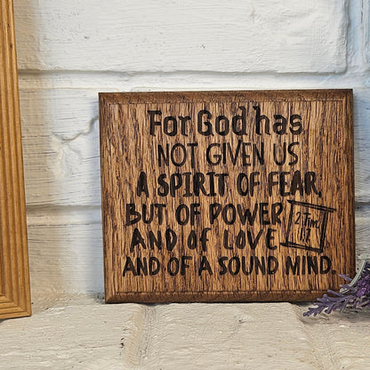 Mini oak plaque from reclaimed pallet hardwood displaying Bible verse 2 Timothy 1:7 - Christian gift ideas, scripture wall art