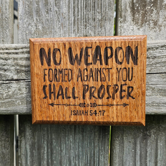 Mini oak plaque from reclaimed pallet hardwood displaying Bible verse Isaiah 54:17 - Christian gift ideas, scripture wall art