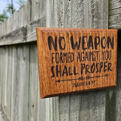 Mini oak plaque from reclaimed pallet hardwood displaying Bible verse Isaiah 54:17 - Christian gift ideas, scripture wall art