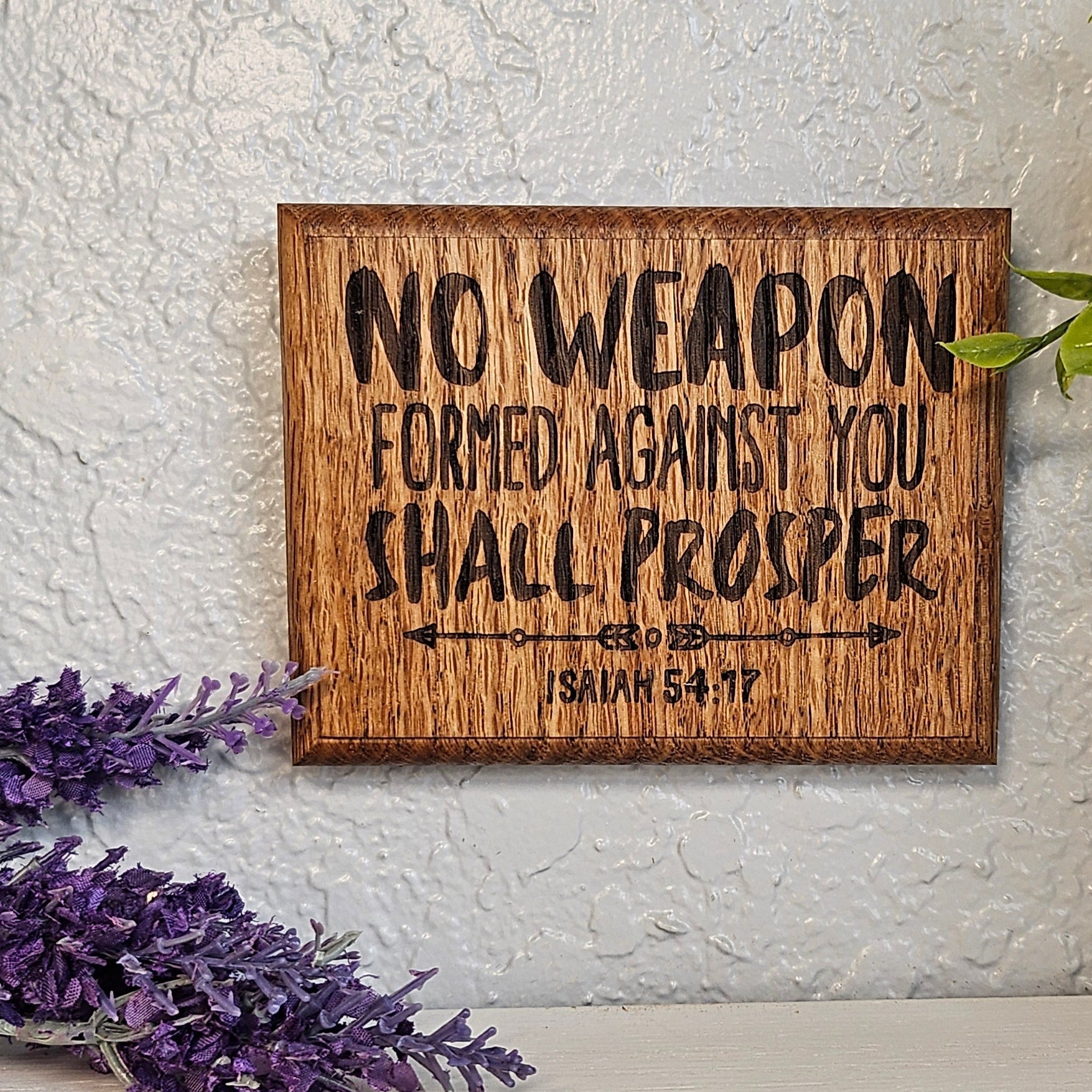 Mini oak plaque from reclaimed pallet hardwood displaying Bible verse Isaiah 54:17 - Christian gift ideas, scripture wall art