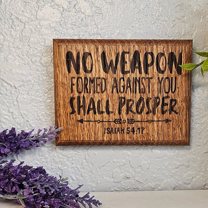 Mini oak plaque from reclaimed pallet hardwood displaying Bible verse Isaiah 54:17 - Christian gift ideas, scripture wall art